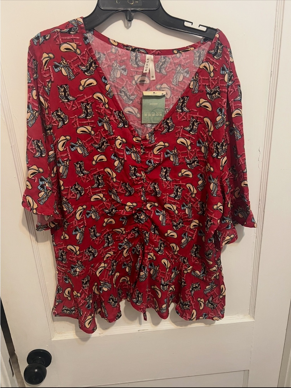 Roper Red Printed V-Neck Ruched Waist Blouse